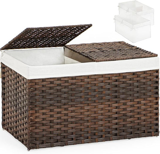 SETVSON Storage Basket with Lid PE Rattan Storage Basket 105L, Brown | 27.8 Gal Storage Bin with 2 Separate Lids, 2 Removable Liners for Clothes & Blankets, Sturdy Metal Frame, PE Rattan by SETVSON
