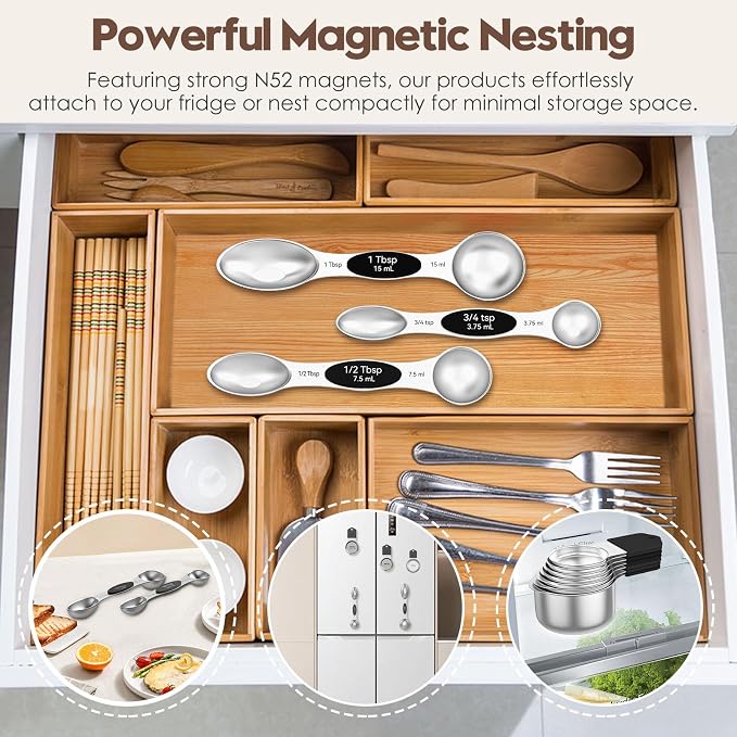 Magnetic Measuring Cups and Spoons Set – 304 Stainless Steel | Dual-Sided Markings | Space-Saving Kitchen Organizer | N52 Magnetic Nesting | 15-Piece with Leveler | Baking & Gift (Black) - Image 5