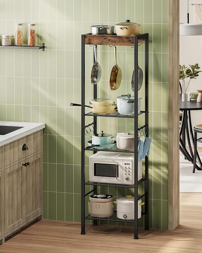 5-Tier Pot Rack, Floorstanding Pots and Pans Organizer, Kitchen Bakers Rack, Kitchen Island Table, Pots and Pans Organizer, Storage Stand, for Living Room, Rustic Brown and Black TPR16BF by Choezon