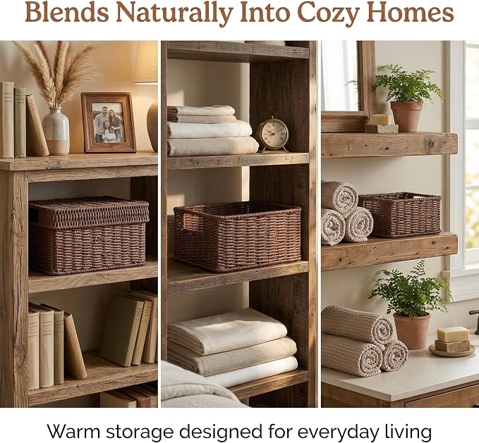 Wicker Storage Basket with Lid for Shelves, 3-Basket Set, Dark Brown | One rectangular wicker basket with lid and two open baskets for decorative shelf storage; removable lid flips into a tray. - Image 2