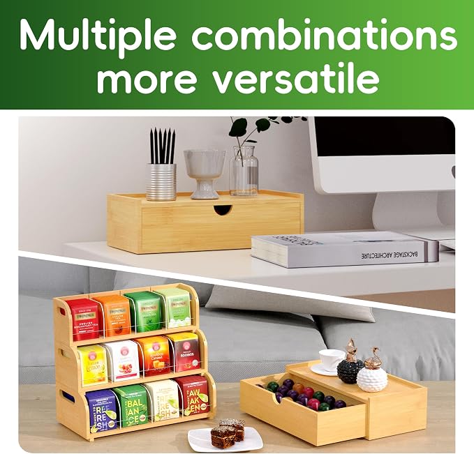 Bamboo Tea Bag Organizer for Coffee Bar, 4 Tier Modular Tea Organizer with Drawer, Large Capacity Tea Storage Box, Stackable Tea Station Organizer, No Assembly, Kitchen Counter - Image 5