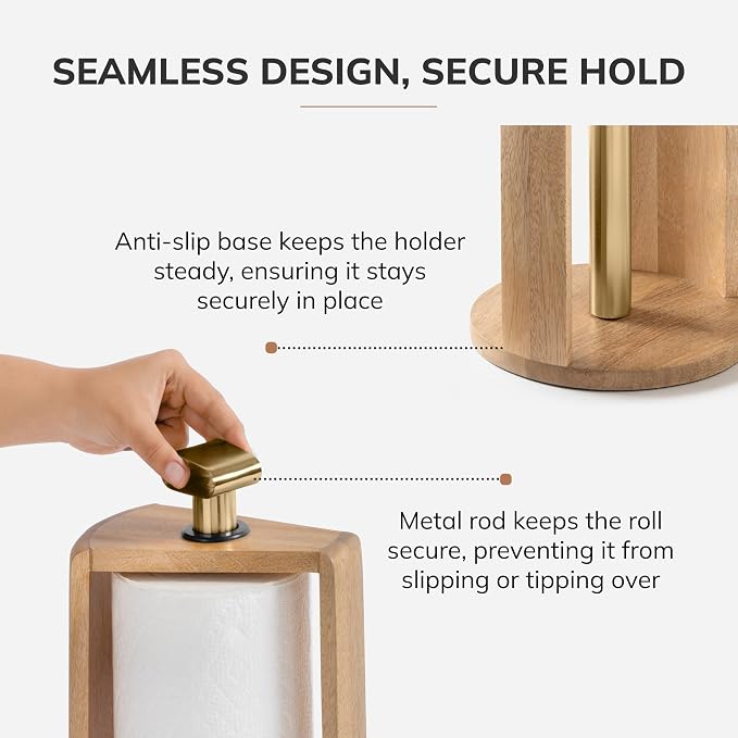 Anji Mountain Wooden Paper Towel Holder with Metal Holder, Holder Stand for Kitchen Roll Organizer & Kitchen Dining Table Home Décor, Countertop Fits Jumbo & Mega Rolls - Mango/Gold, Top Load - Image 4