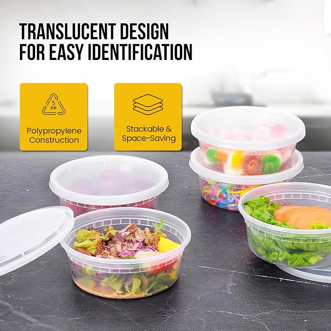 OCS Parts 48-Pack Round 8 Ounce Plastic Deli Containers with Lids | Stackable, Microwavable, Freezer and Dishwasher Safe BPA Free Food Prep and Storage Containers - Image 3