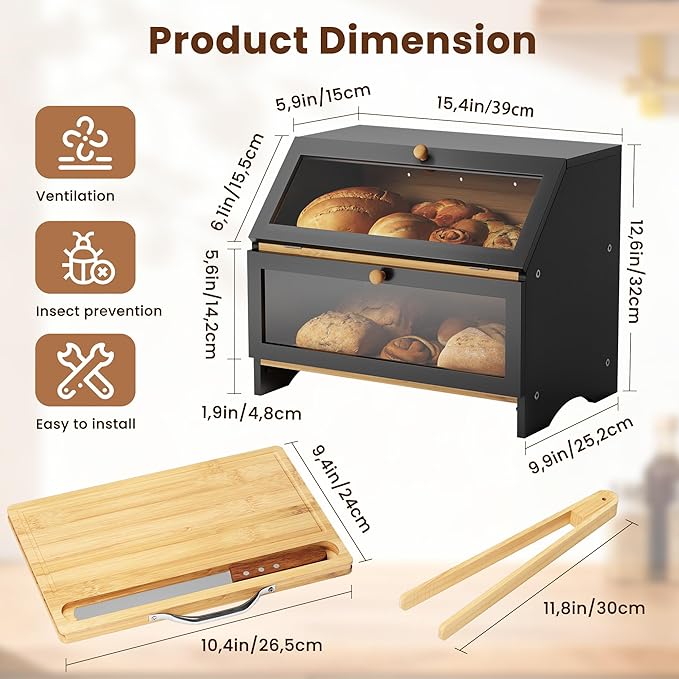 MAISONPEX Double Layer Bamboo Bread Box for Kitchen Countertop, Large Capacity, Cutting Board, Stainless Steel Bread Knife, Double Layer Storage Container with Clear Windows, Black - Image 3