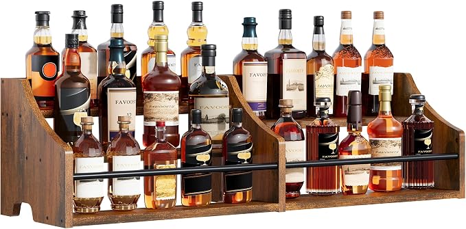 FAVOOSTY 5 Tier Countertop Liquor Bottle Display Shelf Organizer, Retro Tabletop Wine Rack Stand, Storage Holder for Whiskey, Spirits, Coffee Syrup, Mini Home Bar & Liquor Cabinet, Rustic Brown by FAVOOSTY