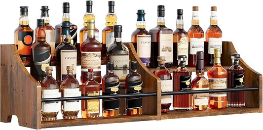 FAVOOSTY 5 Tier Countertop Liquor Bottle Display Shelf Organizer, Retro Tabletop Wine Rack Stand, Storage Holder for Whiskey, Spirits, Coffee Syrup, Mini Home Bar & Liquor Cabinet, Rustic Brown by FAVOOSTY