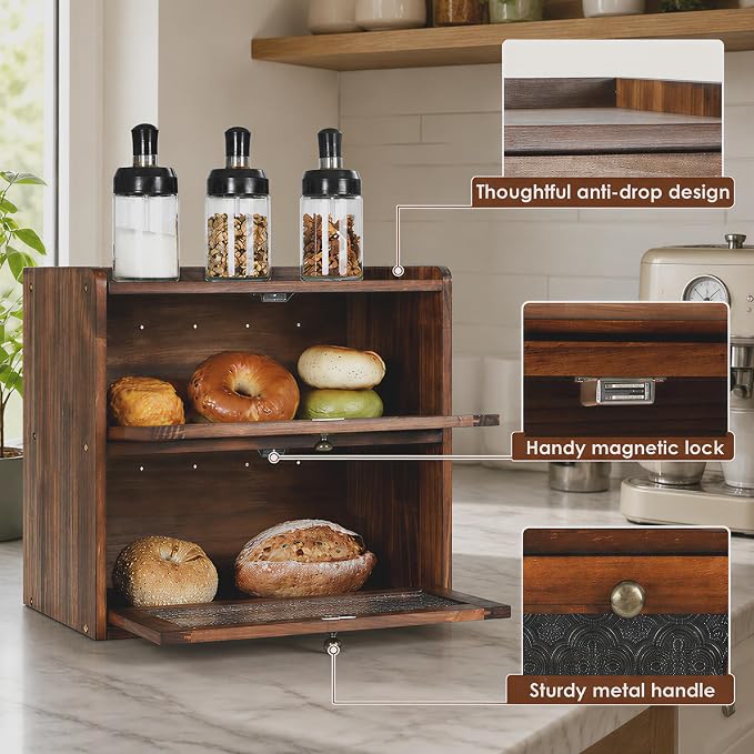 Sunhoo Bread Box for Kitchen Countertop, Large Pine Wood Breadbox, Brown | Farmhouse Pantry Container, Double Layer Storage, Fresh Homemade Sourdough Bin, Vintage Textured Acrylic Door, Easy Assembly - Image 4