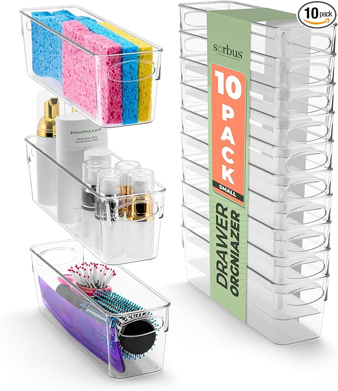 Sorbus Small Clear Plastic Storage Bins for Organizing, 10 Pack Clear Organizer Bins with Handles, Plastic Storage Bins for Closet, Pantry, Fridge, Medicine Cabinet Organizer, Shelves, Freezer, Drawer by Sorbus