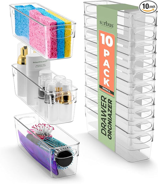 Sorbus Small Clear Plastic Storage Bins for Organizing, 10 Pack Clear Organizer Bins with Handles, Plastic Storage Bins for Closet, Pantry, Fridge, Medicine Cabinet Organizer, Shelves, Freezer, Drawer by Sorbus