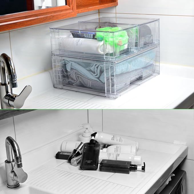 Wide Large Stackable Storage Drawers(2 Pack),Multi-purpose Clear Plastic Organizer Bins with Handles, Easy to Assemble for Bathroom Home Closet Under Sink Kitchen Pantry Medicine Cabinet - Image 8