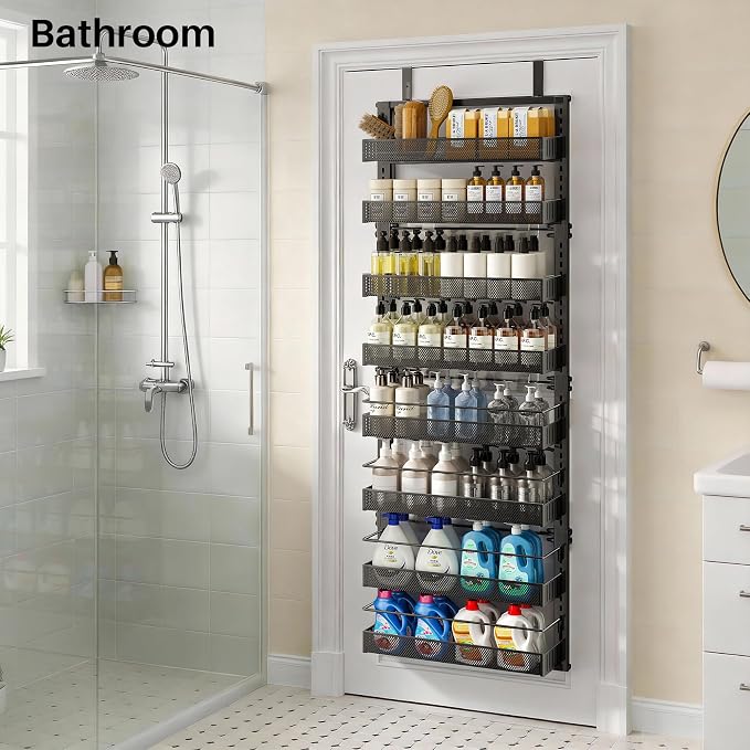 SNTD 8 Tiers Over the Door Organizer, 17" W x 6" D x 69" H, Black | Pantry Door Organizers and Storage, Height Adjustable Spice Rack, Dense Mesh Baskets, Anti-Swing, Adjustable Door Fastener - Image 9