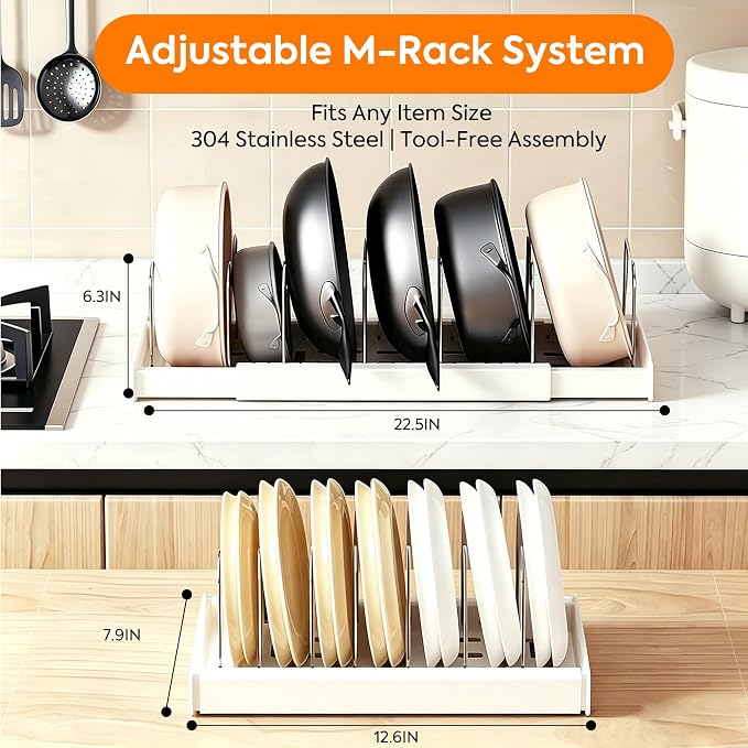 Pots and Pans Organizer under Cabinet, Expandable Adjustable Pot Lid Organizer Rack with 9 Stainless Steel Dividers, Food Storage Container Lid Holder for Kitchen Countertop Storage (White) - Image 3