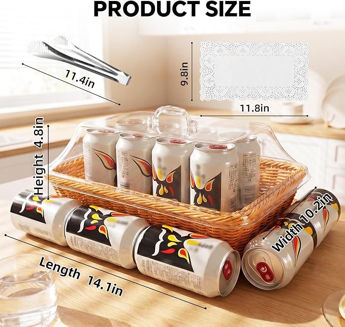 Rattan Bread Baskets, 3 Pack, rectangular Woven Baskets with Acrylic Lids, 13.8 x 9.8 inches, Stainless Steel Tongs, Lace Doilies, for Bread, Fruit, Food Display - Image 2