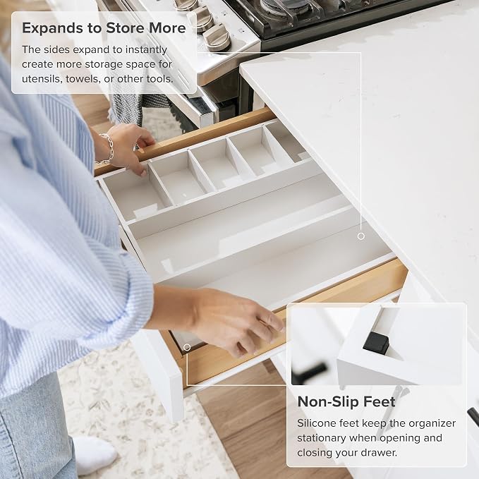 Utensil & Junk Drawer Organizer, 10.5-19 in, White Bamboo | Food-safe contract grade, 100% sustainable wood, non-slip, adjustable - Image 5