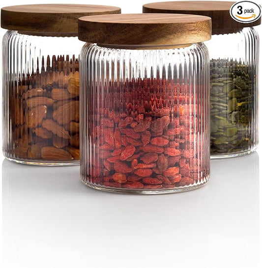 Mason & Fable Ribbed Glass Jar with Wooden Lid 17oz, Set of 3 | Airtight Fluted Storage Canisters for Food, Tea, Coffee, Candy/Spice | Organization Canisters for Home & Kitchen by MasonFable
