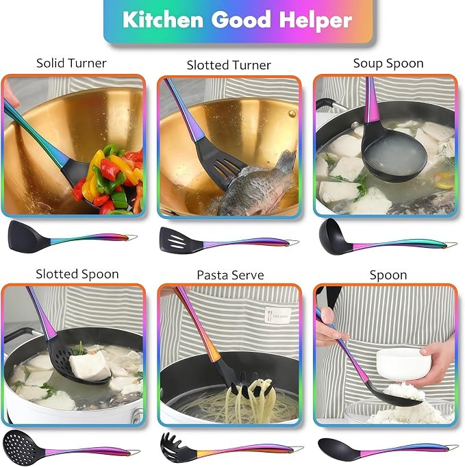 Silicone Cooking Utensils Set, 17pcs Kitchen Utensil Set with Rotatable Holder, Heat-Resistant Silicone Utensils for Cooking, Non-Stick Spatula Set with Stainless Steel Handle,Turner,Ladle (Rainbow) - Image 6