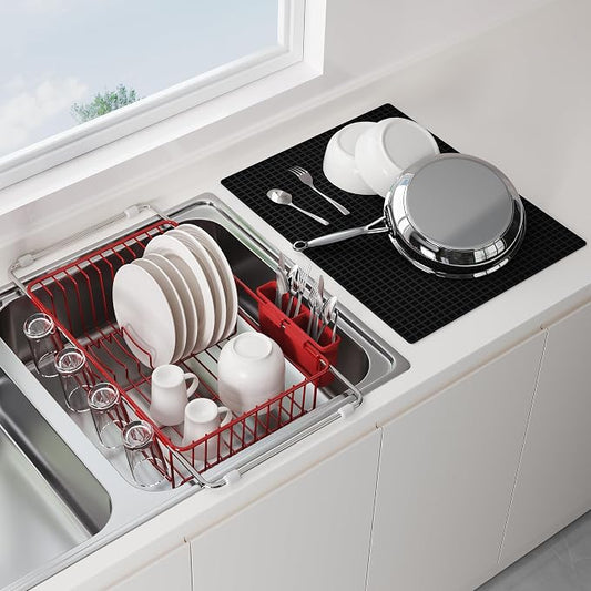 JASIWAY Red Dish Drying Rack in Sink with Mat, Cups and Utensil Holder | Use Over the Sink or Counter, Stainless Steel Expandable Dish Drainer for Small Kitchen, Space Saving, Fast Drain, Rustproof by JASIWAY