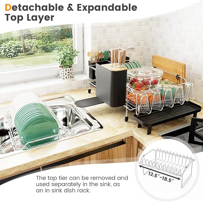 GOFLAME Dish Drying Rack with Drainboard, 2-Tier Detachable Dish Rack with 360°Swivel Spout, Utensil Holder, Cup Holder, Large Capacity Dish Drainer Set for Kitchen Counter - Image 4