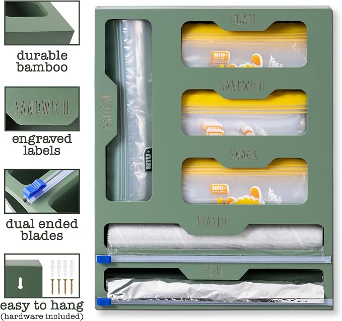 Rae Dunn Bamboo Bag Organizer for Kitchen Drawer - Durable Wood Organizer for Kitchen Storage - Holds Gallon, Quart, Snack, Sandwich Size Baggies, Plastic Wrap and Foil - Image 6