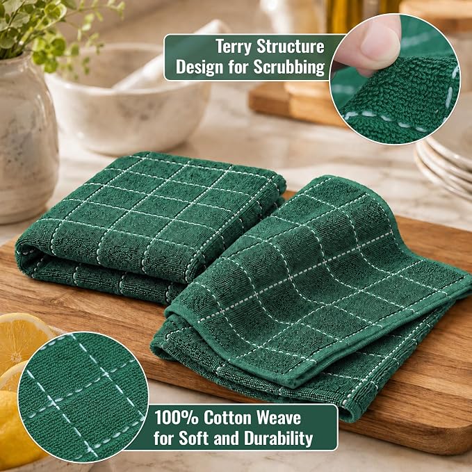 Kitinjoy 100% Cotton Terry Kitchen Towels, 13”x 28”, 6-Pack, Dark Green | Checkered Designed, Ultra Soft Absorbent Quick Drying Dish Towels - Image 2