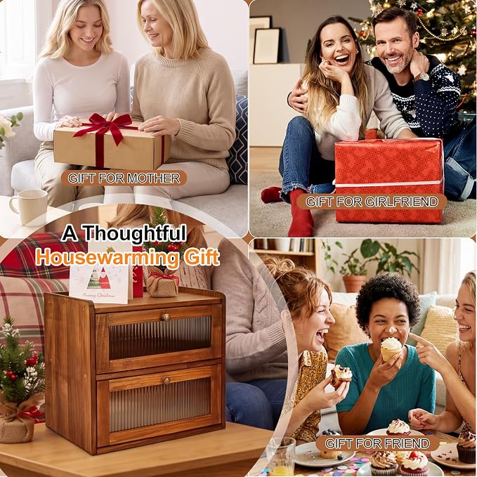Alpeir Wooden Bread Box for Kitchen Countertop, Large Double Layer, Brown | Food-Safe Pine Wood, Double-Row Ventilation, Strong Acrylic Window, Raised Top Shelf, Easy Care, Farmhouse Corner Container - Image 8