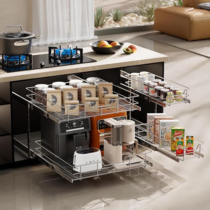 2 Tier Pull Out Cabinet Organizer 18" W X 22" D, Chromed, Full Slide Out | For Kitchen Organizers and Storage, Pull Out Drawers For Cabinets Capacity Heavy Duty Caddy, Cabinet Shelves, Bathroom Pantry - Image 7