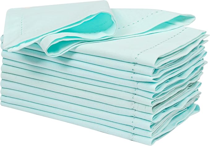 Ramanta Home Baby Blue Cloth Dinner Napkin Set of 12-18x18 Inch | Cotton Linen Flax Hemstitched Napkins Washable for Everyday Use by RamantaHome