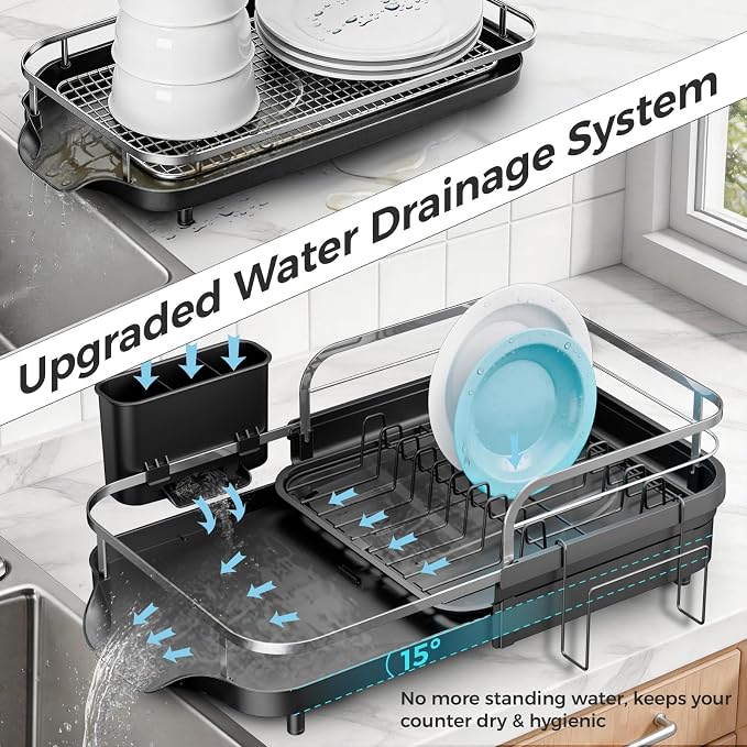 Expandable Stainless Steel Single Tier Dish Drying Rack, Auto Drain Dish Drainer for Kitchen Counter with Rotatable Multi-Slot, Drainboard, Utensil & Cutting Board Holder, 15"-22.4" Adjustable Length - Image 5