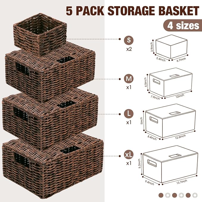 Yookeer 5 Pcs Woven Plastic Rattan Storage Baskets with Lid and Handles, Brown Large Storage Organizer with Labels, Stackable Rectangular Boho Decorative Baskets for Toys Shelves Bedroom - Image 2