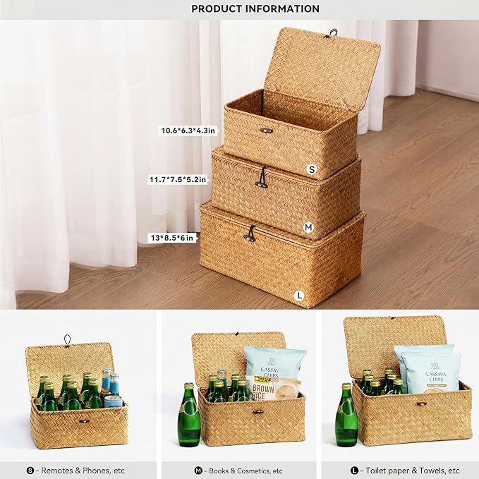 Nonam Storage Basket with Lid, Natural Seagrass Bin with Lid Set of 3, Shelf Baskets Multipurpose Container for Boho Decoration, Rectangular Household Storage Boxes for Home Organization-Natural - Image 2