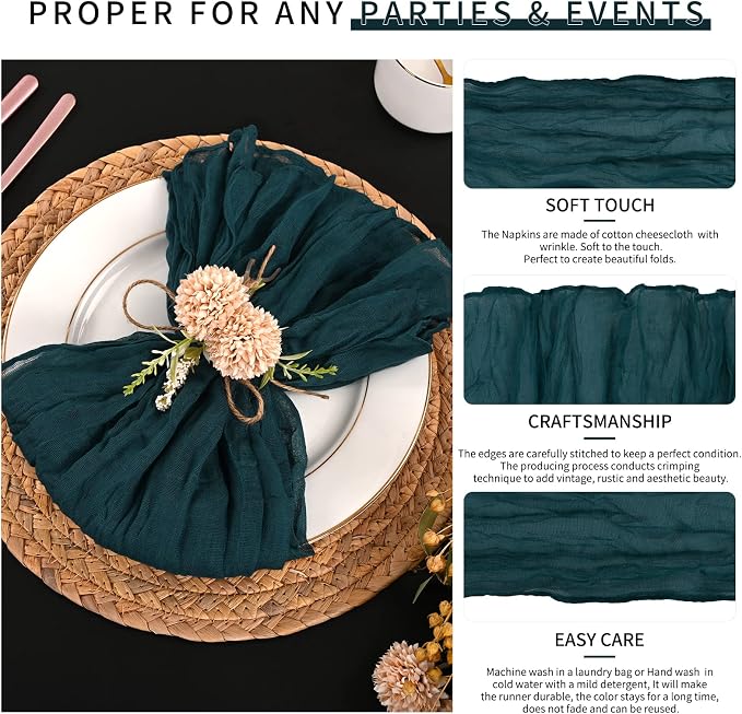 42 Packs Gauze Cheesecloth Napkins 20 x 20 Inch Dark Teal Wrinkled Dinner Napkins Bulk, Rustic Boho Soft Cloth Napkin for Wedding Party Event Dinner Table Decoration - Image 3
