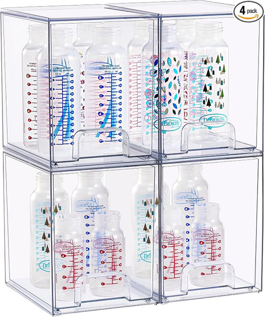 Sorbus Stackable Acrylic Storage Drawers, 4 Pack Clear Plastic Organizer Bins for Baby Bottles, Makeup, Bathroom, Vanity & Kitchen Countertop Organization, Pull-Out Drawer Design for Cabinets & Pantry by Sorbus