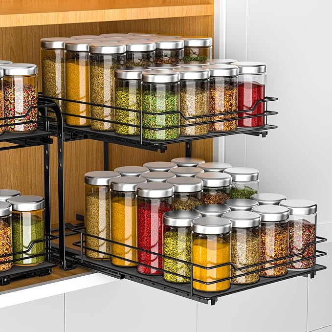 RCHYFEED 2 Tier Pull Out Spice Rack Organizer for Cabinet,9.5" Wx10.5Dx9.5H | Height Adjustable Spicy Shelf Metal Sliding Out Spice Rack Heavy Duty Vertical Spice Shelf for Inside Cabinets & Pantry by RCHYFEED