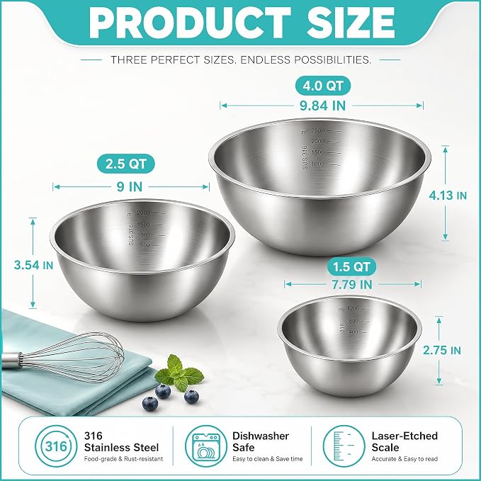 Stainless Steel Mixing Bowls Set of 3, 1.5/2.5/4 Qt Metal Mixing Bowl Set for Baking, Salad, Cooking & Meal Prep, Nesting Stainless Steel Bowls with Measurement Marks, Dishwasher Safe - Image 2