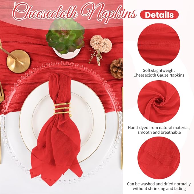 100 Pack Red Cloth Napkins 20x20Inch Cheesecloth Napkins | Elegant Cloth Napkins for Table, Washable Rustic Boho Gauze Napkins, for Wedding Party Bridal Baby Shower Christmas Decor - Image 3