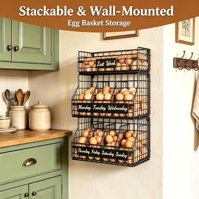 Egg Holder Countertop with Dividers & Labels, 3 Tier Stackable Chicken Egg Holder Egg Baskets for Gathering Fresh Eggs, Egg Organizer for Egg Storage, Wall-Mounted, Black - Image 2