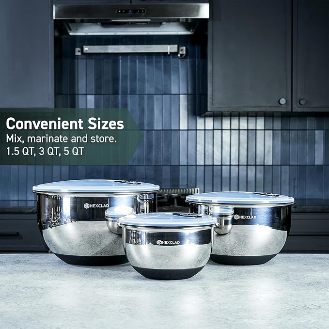 HexClad 3 Piece Stainless Steel Mixing Bowl Set with Vacuum Seal Lids | Non-Slip Base, 1.3 ,3 and 5 Quarts - Image 6