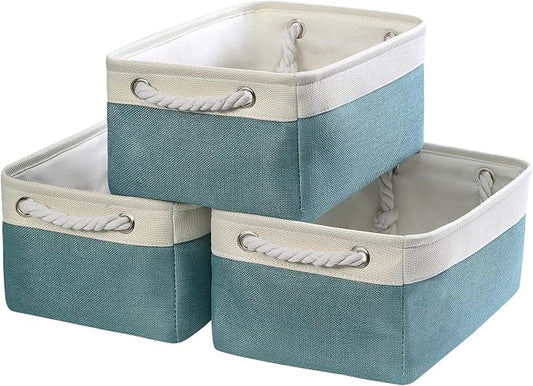 Fabric Storage Bins Baskets for Organizing,Sturdy Storage Basket W/Handles, Decorative Foldable Storage Baskets for Shelves Closet Nursery Toy (White&Teal, Medium - 3 Pack) by TheWarmHome