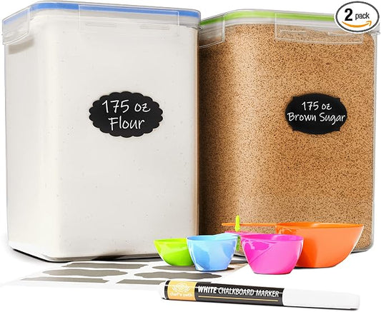 Chef's Path Large Airtight Food Storage Containers with Lids, Pack of 2, 5.2L, 175Oz, Airtight Kitchen and Pantry Bulk Canisters for Flour, Sugar, Rice, and Baking Supplies - Transparent by ChefsPath