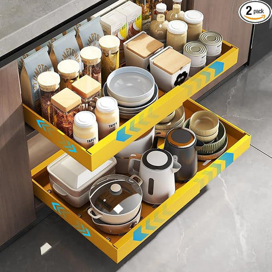 Mustorn 2 Pack Pull Out Cabinet Organizer, Expandable Slide Out Drawers for Kitchen Cabinets Peel and Stick Pullout Drawer Heavy Duty Sliding Shelves for Cupboard, Pantry, Bathroom(16.5" Deep, Yellow) by MUSTORN