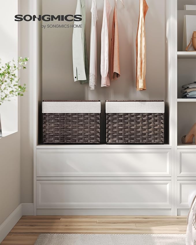 SONGMICS Storage Basket with Lid, Woven Blanket Storage Bin with Handles, Foldable, Removable Liner, Metal Frame, for Bedroom, Laundry Room, 9.2 Gallons (35 L), Brown URST040K01 - Image 2