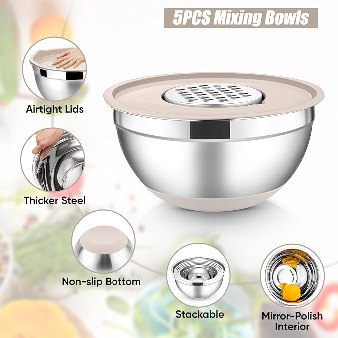 E-far Stainless Steel Mixing Bowls with Lids Set, 5-Piece Nesting Salad Bowls with 3 Grater Attachments and Non-Slip Bottoms, Size 4.6, 2.6, 2, 1.5, 1QT for Kitchen (Khaki) - Image 3