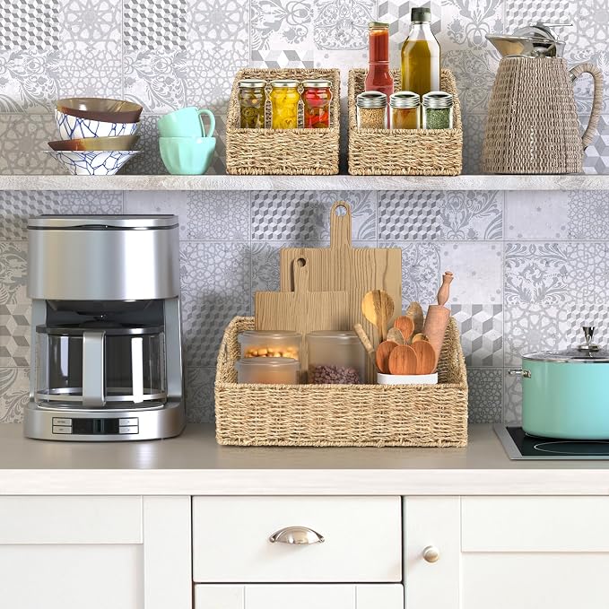 Set of 3 Handwoven Storage Baskets – Decorative Natural Wicker Organizer Bins with Built-in Handles for Bathroom, Kitchen, Pantry, Nursery, Closet, Laundry, Living Room, and Home Use - Image 6