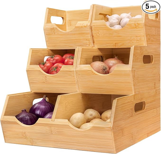 HOMESTEAD 3-Tier Bamboo Pantry Storage Bins – Stackable Potato & Onion Storage Bin with Handles, Fruit Basket & Produce Organizer for Kitchen Countertop, Pantry Organization, Set of 5 by Homestead