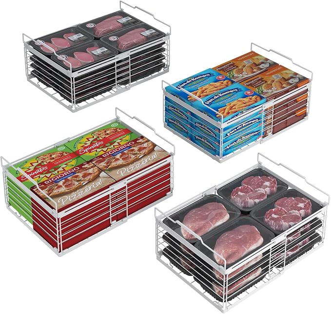 ADRIMER Freezer Organizer Bins, 4 Packs Foldable & Stackable Chest Freezer Organizer Bins with Adjustable Length 11-17.3", Metal Wire Storage Baskets for Upright Freezer, Deep Freezer, Pantry, White by Adrimersdreamistobeanindispensablecompanioninyourlife