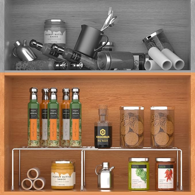 Redrubbit Cabinet Storage Shelf Rack, Expandable Metal Rustproof Kitchen Counter and Cabinet Shelf, Storage Rack Organizer Space Saver for Kitchen, Fridge, Cabinet, Bathroom, Chrome, Set of 4 - Image 4