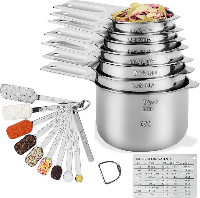 Measuring Cups and Spoons Set, Stainless Steel Measuring Cups and Spoons Set 20 With 7 Measure Cups & 9 Measure Spoons,1Leveler, 2Ring,1Conversion Chart for Kitchen & Baking by Hotsyang