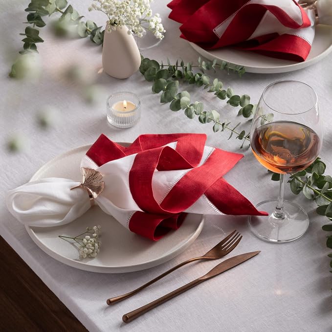 Linen Napkins 20 x 20 inch - 100% Flax Linen White and Red Dinner Napkins Cloth Set of 4 - Hemstitch Napkins Cloth Washable for Valentines Day, Winter and Spring Decor - Image 4