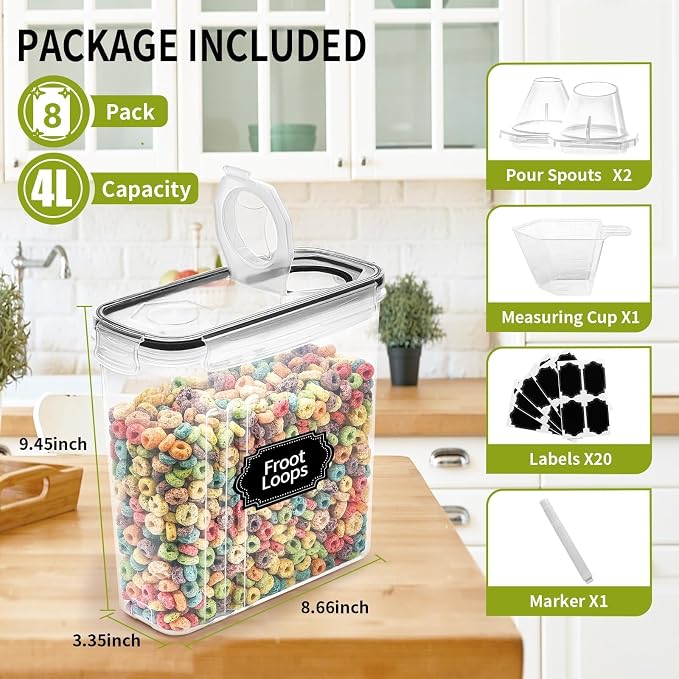 Skroam 8PCS Cereal Containers Storage [4L/135.2 oz], Airtight Food Storage Containers with Pour Spout for Kitchen & Pantry Organization Storage, Plastic Cereal Dispensers, Measuring Cup & 20 Labels - Image 2