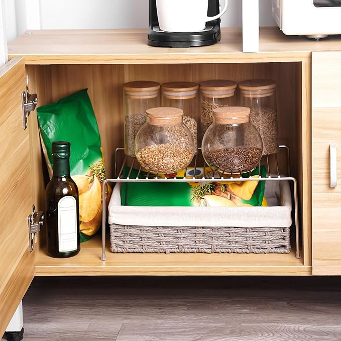 Tomorotec Spice Rack Cabinet Organizer, Expandable Steel, Kitchen, Silver | Stackable Two-Pack Storage Shelves with Anti-Slip Protective Rubber Feet for Pantry or Countertop - Image 7